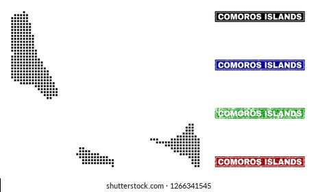 Dot vector abstract Comoros Islands map and isolated clean black, grunge red, blue, green stamp seals. Comoros Islands map label inside draft framed rectangles and with corroded rubber texture.