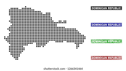 Dot vector abstract Dominican Republic map and isolated clean black, grunge red, blue, green stamp seals. Dominican Republic map label inside draft framed rectangles and with grunge rubber texture.