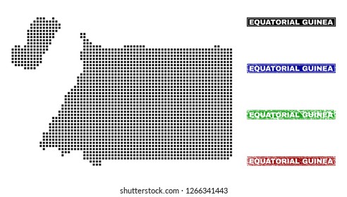 Dot vector abstract Equatorial Guinea map and isolated clean black, grunge red, blue, green stamp seals. Equatorial Guinea map name inside draft framed rectangles and with grunge rubber texture.
