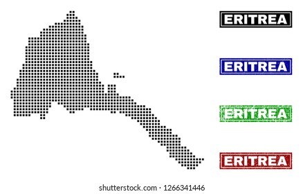 Dot vector abstract Eritrea map and isolated clean black, grunge red, blue, green stamp seals. Eritrea map tag inside rough framed rectangles and with grunge rubber texture.