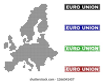 Dot vector abstract Euro Union map and isolated clean black, grunge red, blue, green stamp seals. Euro Union map label inside draft framed rectangles and with grunge rubber texture.