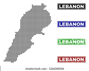 Dot vector abstract Lebanon map and isolated clean black, grunge red, blue, green stamp seals. Lebanon map title inside draft framed rectangles and with unclean rubber texture.
