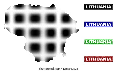 Dot vector abstract Lithuania map and isolated clean black, grunge red, blue, green stamp seals. Lithuania map label inside rough framed rectangles and with grunge rubber texture.