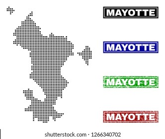 Dot vector abstract Mayotte Island map and isolated clean black, grunge red, blue, green stamp seals. Mayotte Island map tag inside rough framed rectangles and with grunge rubber texture.