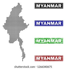 Dot vector abstract Myanmar map and isolated clean black, grunge red, blue, green stamp seals. Myanmar map title inside rough framed rectangles and with grunge rubber texture.