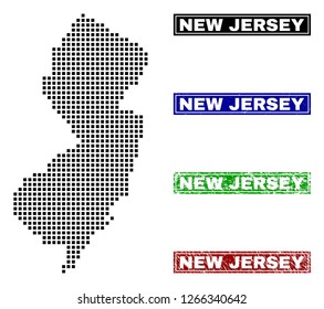 Dot vector abstract New Jersey State map and isolated clean black, grunge red, blue, green stamp seals. New Jersey State map title inside rough framed rectangles and with grunge rubber texture.