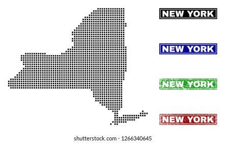 Dot vector abstract New York State map and isolated clean black, grunge red, blue, green stamp seals. New York State map label inside draft framed rectangles and with grunge rubber texture.