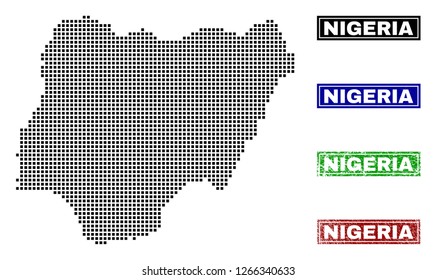 Dot vector abstract Nigeria map and isolated clean black, grunge red, blue, green stamp seals. Nigeria map tag inside rough framed rectangles and with grunge rubber texture.