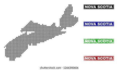 Dot vector abstract Nova Scotia Province map and isolated clean black, grunge red, blue, green stamp seals.