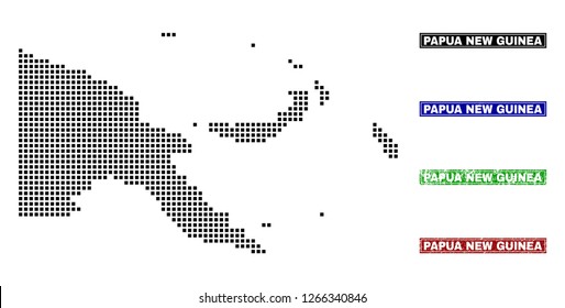 Dot vector abstract Papua New Guinea map and isolated clean black, grunge red, blue, green stamp seals. Papua New Guinea map tag inside draft framed rectangles and with grunge rubber texture.