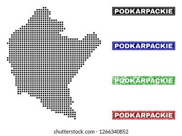 Dot vector abstract Podkarpackie Voivodeship map and isolated clean black, grunge red, blue, green stamp seals.