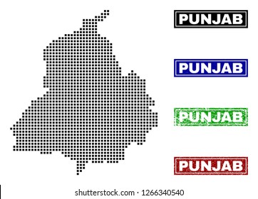 Dot vector abstract Punjab Province map and isolated clean black, grunge red, blue, green stamp seals. Punjab Province map title inside rough framed rectangles and with grunge rubber texture.