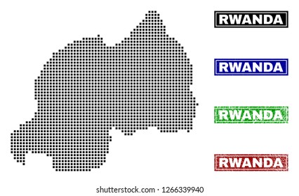 Dot vector abstract Rwanda map and isolated clean black, grunge red, blue, green stamp seals. Rwanda map title inside draft framed rectangles and with grunge rubber texture.