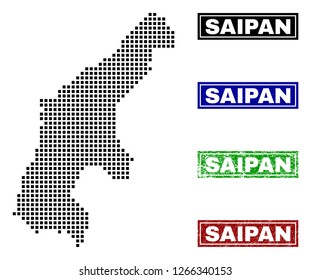Dot vector abstract Saipan Island map and isolated clean black, grunge red, blue, green stamp seals. Saipan Island map title inside draft framed rectangles and with grunge rubber texture.