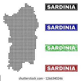 Dot vector abstract Sardinia map and isolated clean black, grunge red, blue, green stamp seals. Sardinia map name inside draft framed rectangles and with grunge rubber texture.