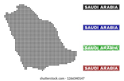 Dot vector abstract Saudi Arabia map and isolated clean black, grunge red, blue, green stamp seals. Saudi Arabia map caption inside rough framed rectangles and with grunge rubber texture.