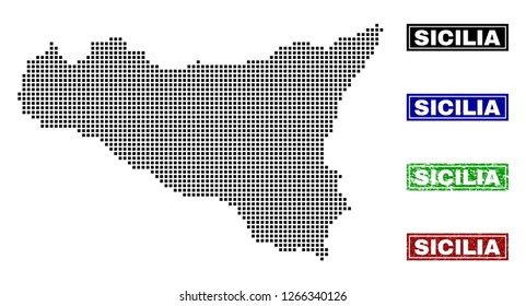 Dot vector abstract Sicilia map and isolated clean black, grunge red, blue, green stamp seals. Sicilia map caption inside draft framed rectangles and with grunge rubber texture.
