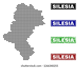 Dot vector abstract Silesian Voivodeship map and isolated clean black, grunge red, blue, green stamp seals. Silesian Voivodeship map name inside draft framed rectangles and with grunge rubber texture.