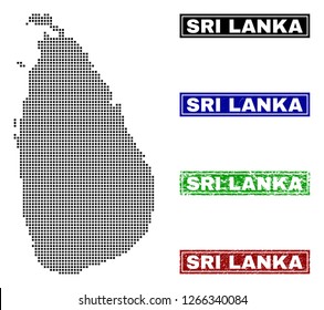 Dot vector abstract Sri Lanka map and isolated clean black, grunge red, blue, green stamp seals. Sri Lanka map name inside draft framed rectangles and with grunge rubber texture.