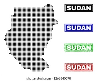 Dot vector abstract Sudan map and isolated clean black, grunge red, blue, green stamp seals. Sudan map caption inside rough framed rectangles and with grunge rubber texture.
