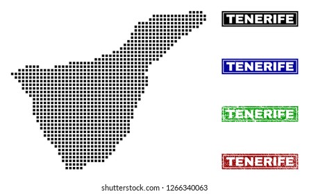 Dot vector abstract Tenerife map and isolated clean black, grunge red, blue, green stamp seals. Tenerife map tag inside rough framed rectangles and with grunge rubber texture.