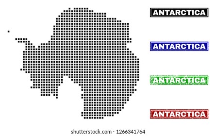 Dot vector abstracted Antarctica continent map and isolated clean black, grunge red, blue, green stamp seals.