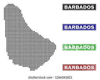Dot vector abstracted Barbados map and isolated clean black, grunge red, blue, green stamp seals. Barbados map label inside draft framed rectangles and with grunge rubber texture.