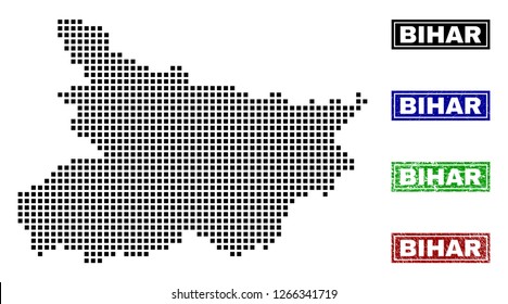 Dot vector abstracted Bihar State map and isolated clean black, grunge red, blue, green stamp seals. Bihar State map tag inside draft framed rectangles and with grunge rubber texture.