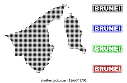 Dot vector abstracted Brunei map and isolated clean black, grunge red, blue, green stamp seals. Brunei map tag inside draft framed rectangles and with grunge rubber texture.