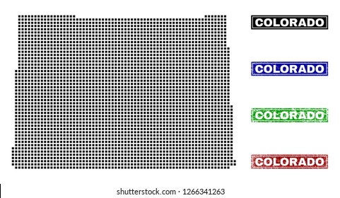 Dot vector abstracted Colorado State map and isolated clean black, grunge red, blue, green stamp seals. Colorado State map caption inside rough framed rectangles and with grunge rubber texture.