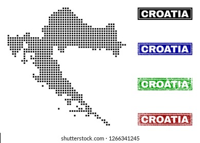 Dot vector abstracted Croatia map and isolated clean black, grunge red, blue, green stamp seals. Croatia map label inside rough framed rectangles and with grunge rubber texture.