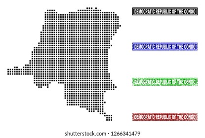 Dot vector abstracted Democratic Republic of the Congo map and isolated clean black, grunge red, blue, green stamp seals.