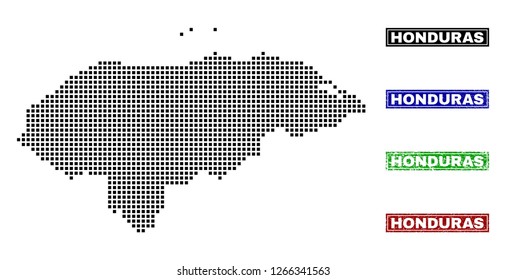 Dot vector abstracted Honduras map and isolated clean black, grunge red, blue, green stamp seals. Honduras map name inside rough framed rectangles and with grunge rubber texture.