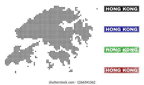 Dot vector abstracted Hong Kong map and isolated clean black, grunge red, blue, green stamp seals. Hong Kong map title inside draft framed rectangles and with grunge rubber texture.