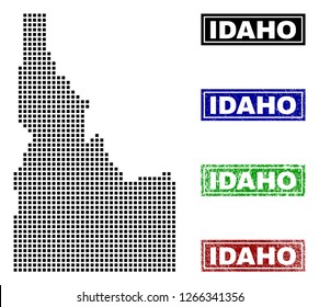 Dot vector abstracted Idaho State map and isolated clean black, grunge red, blue, green stamp seals. Idaho State map label inside draft framed rectangles and with grunge rubber texture.