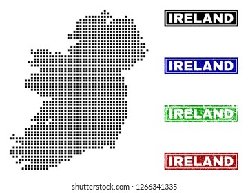 Dot vector abstracted Ireland Island map and isolated clean black, grunge red, blue, green stamp seals. Ireland Island map caption inside rough framed rectangles and with grunge rubber texture.