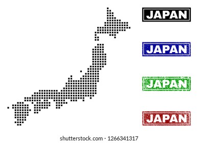 Dot vector abstracted Japan map and isolated clean black, grunge red, blue, green stamp seals. Japan map label inside rough framed rectangles and with grunge rubber texture.