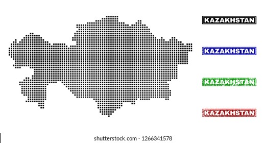 Dot vector abstracted Kazakhstan map and isolated clean black, grunge red, blue, green stamp seals. Kazakhstan map tag inside rough framed rectangles and with grunge rubber texture.