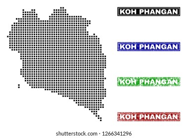 Dot vector abstracted Koh Phangan map and isolated clean black, grunge red, blue, green stamp seals. Koh Phangan map caption inside rough framed rectangles and with grunge rubber texture.