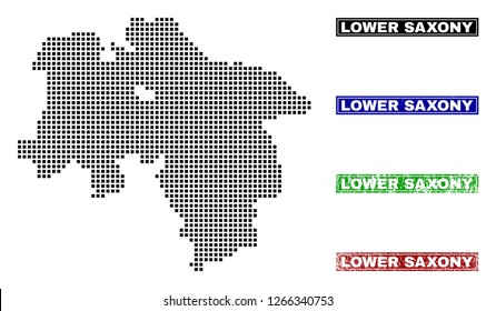 Dot vector abstracted Lower Saxony Land map and isolated clean black, grunge red, blue, green stamp seals. Lower Saxony Land map label inside draft framed rectangles and with grunge rubber texture.