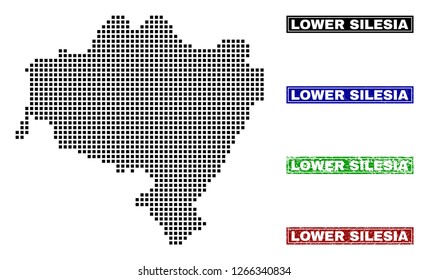 Dot vector abstracted Lower Silesian Voivodeship map and isolated clean black, grunge red, blue, green stamp seals.