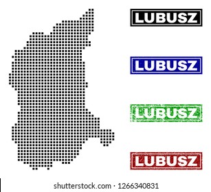 Dot vector abstracted Lubusz Voivodeship map and isolated clean black, grunge red, blue, green stamp seals. Lubusz Voivodeship map tag inside rough framed rectangles and with grunge rubber texture.