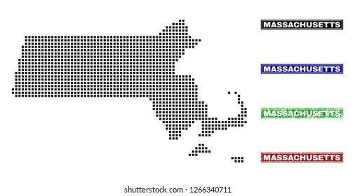 Dot vector abstracted Massachusetts State map and isolated clean black, grunge red, blue, green stamp seals. Massachusetts State map title inside rough framed rectangles and with retro rubber texture.