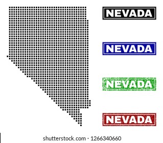 Dot vector abstracted Nevada State map and isolated clean black, grunge red, blue, green stamp seals. Nevada State map tag inside rough framed rectangles and with grunge rubber texture.