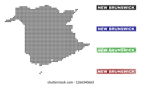 Dot vector abstracted New Brunswick Province map and isolated clean black, grunge red, blue, green stamp seals.