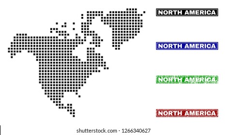 Dot vector abstracted North America map and isolated clean black, grunge red, blue, green stamp seals. North America map title inside draft framed rectangles and with grunge rubber texture.