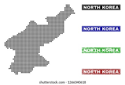 Dot vector abstracted North Korea map and isolated clean black, grunge red, blue, green stamp seals. North Korea map name inside rough framed rectangles and with grunge rubber texture.