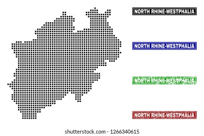 Dot vector abstracted North Rhine-Westphalia Land map and isolated clean black, grunge red, blue, green stamp seals.