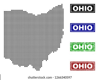 Dot vector abstracted Ohio State map and isolated clean black, grunge red, blue, green stamp seals. Ohio State map label inside rough framed rectangles and with grunge rubber texture.