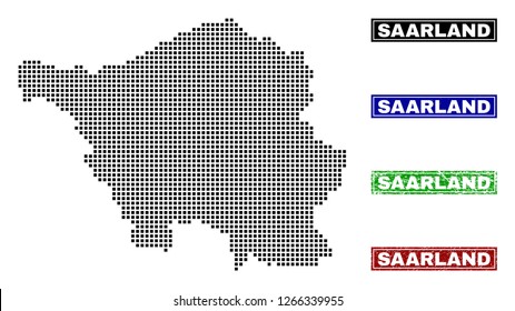 Dot vector abstracted Saarland Land map and isolated clean black, grunge red, blue, green stamp seals. Saarland Land map tag inside rough framed rectangles and with grunge rubber texture.
